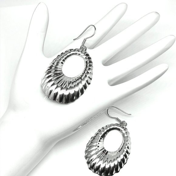BoHo Bling Womens Earrings Sterling Silver Ribbed Oval Design | Blingschlingers - Picture 6 of 6